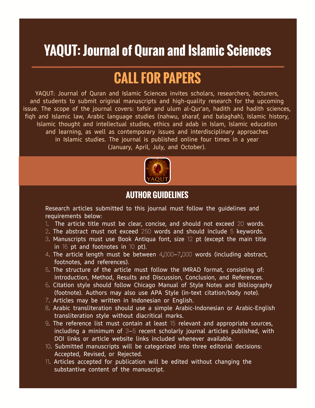 Call for Papers YAQUT: Journal of Quran and Islamic Sciences